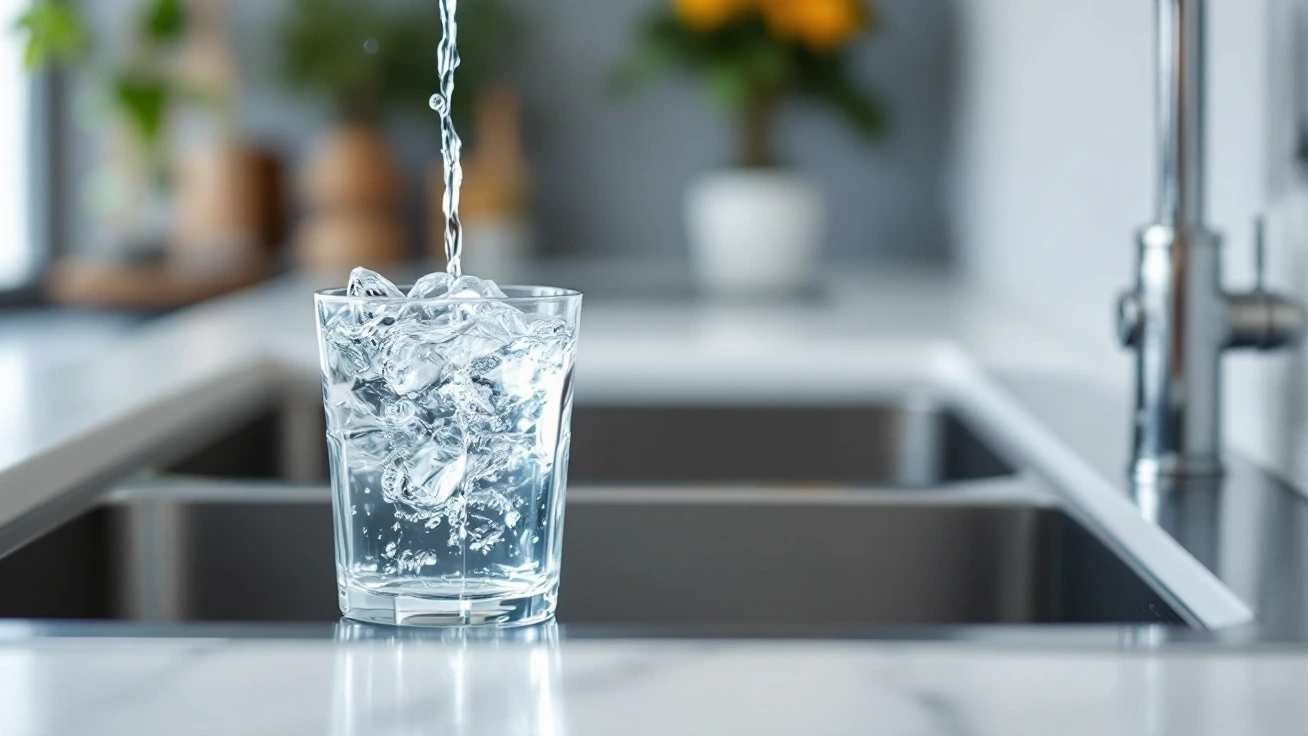Glass of drinking water beside a kitchen sink