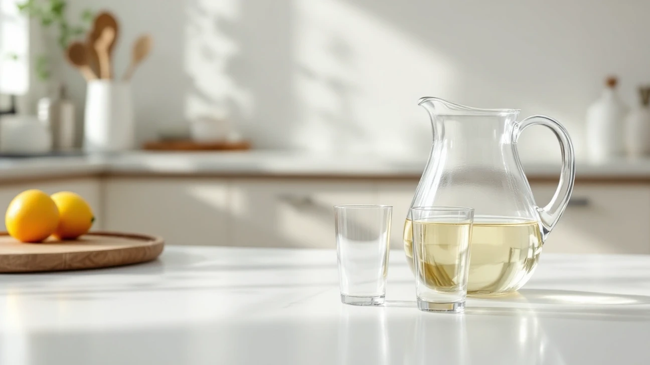 Glass carafe and drinking glass beside a kitchen sink