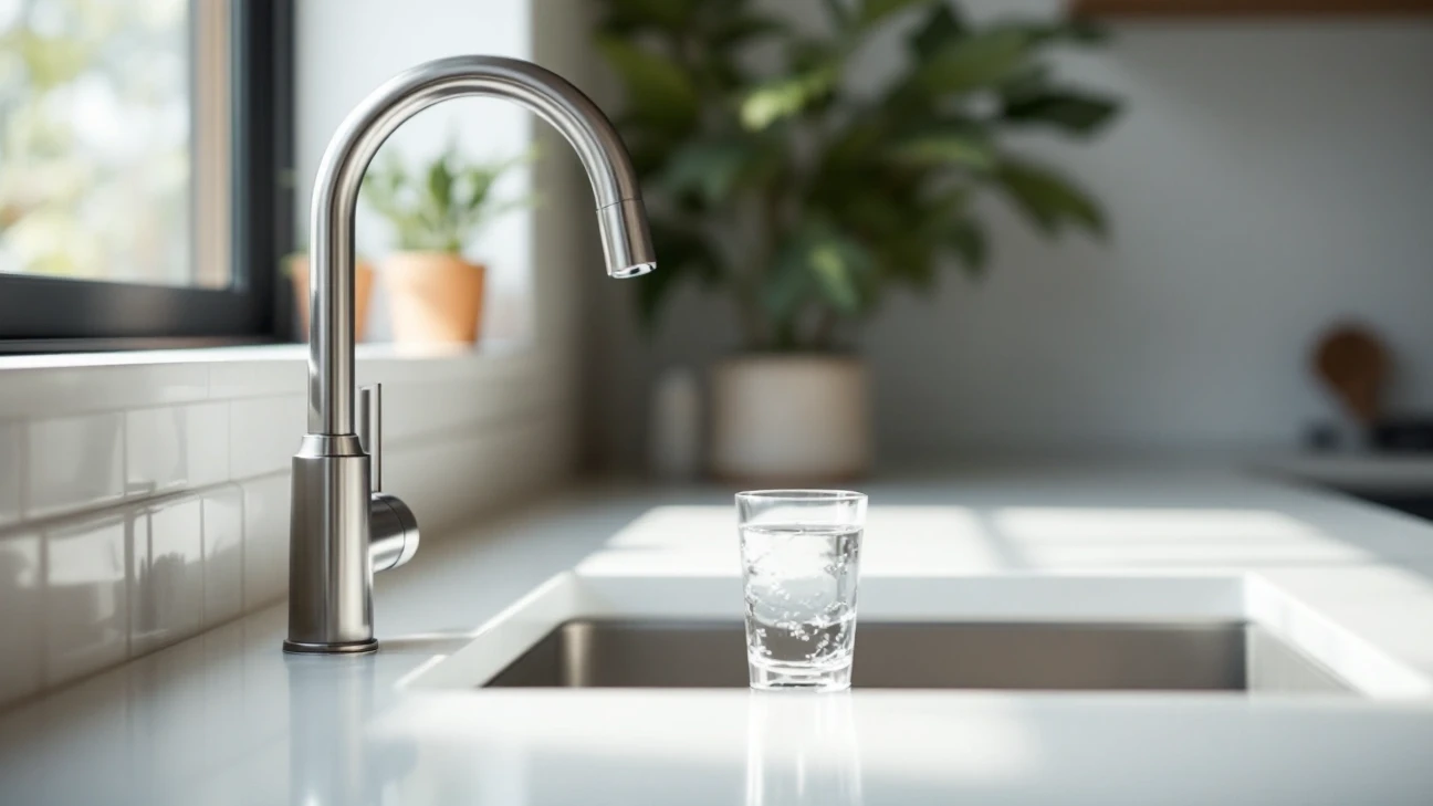 Glass of water beside an unbranded kitchen faucet