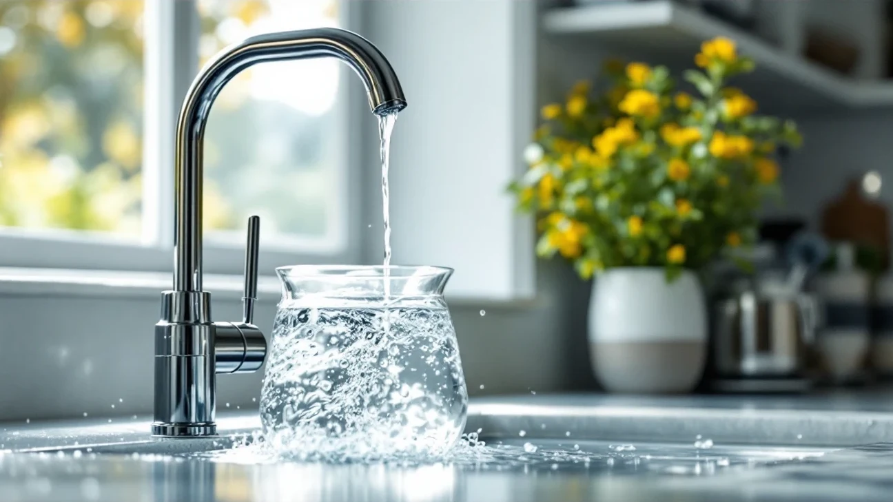 Clear glass jug beside a kitchen faucet