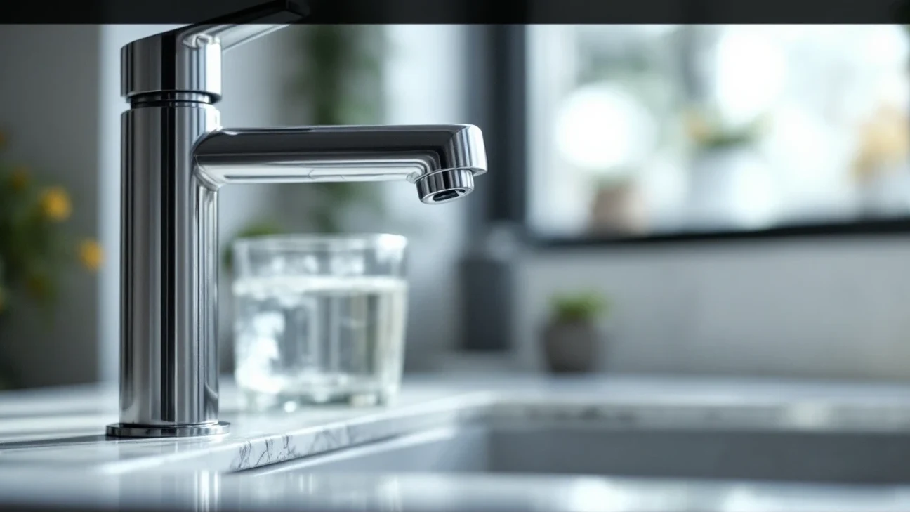 Glass of water beside a household faucet