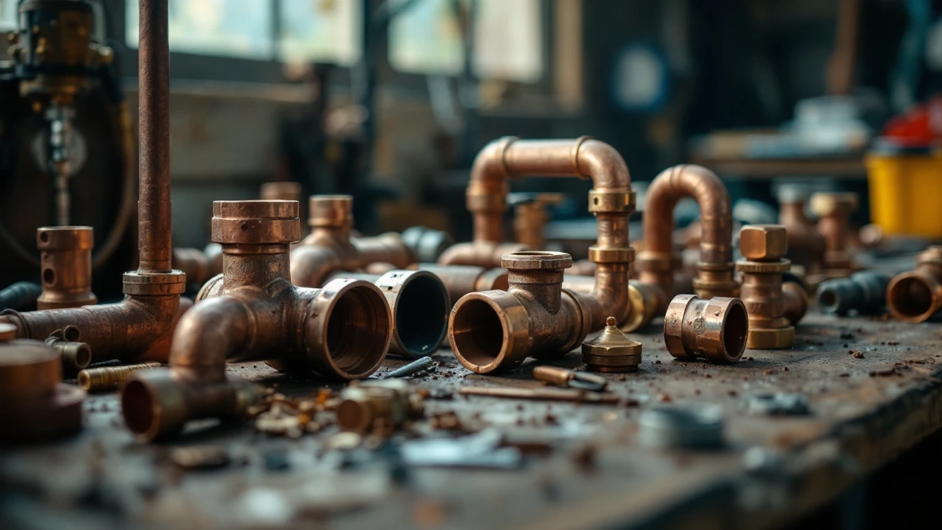 Loose copper plumbing fittings on a work surface