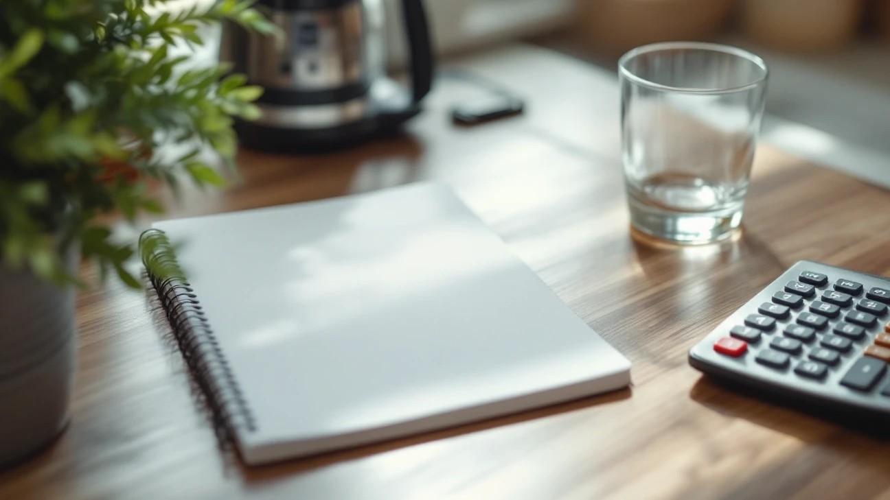 Notebook and calculator beside a glass on a kitchen worktop