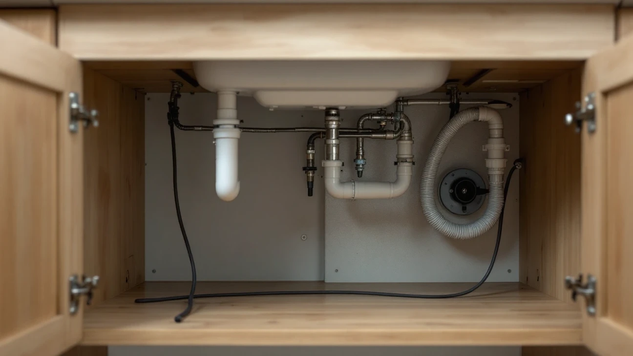 Open space and plumbing beneath a kitchen sink