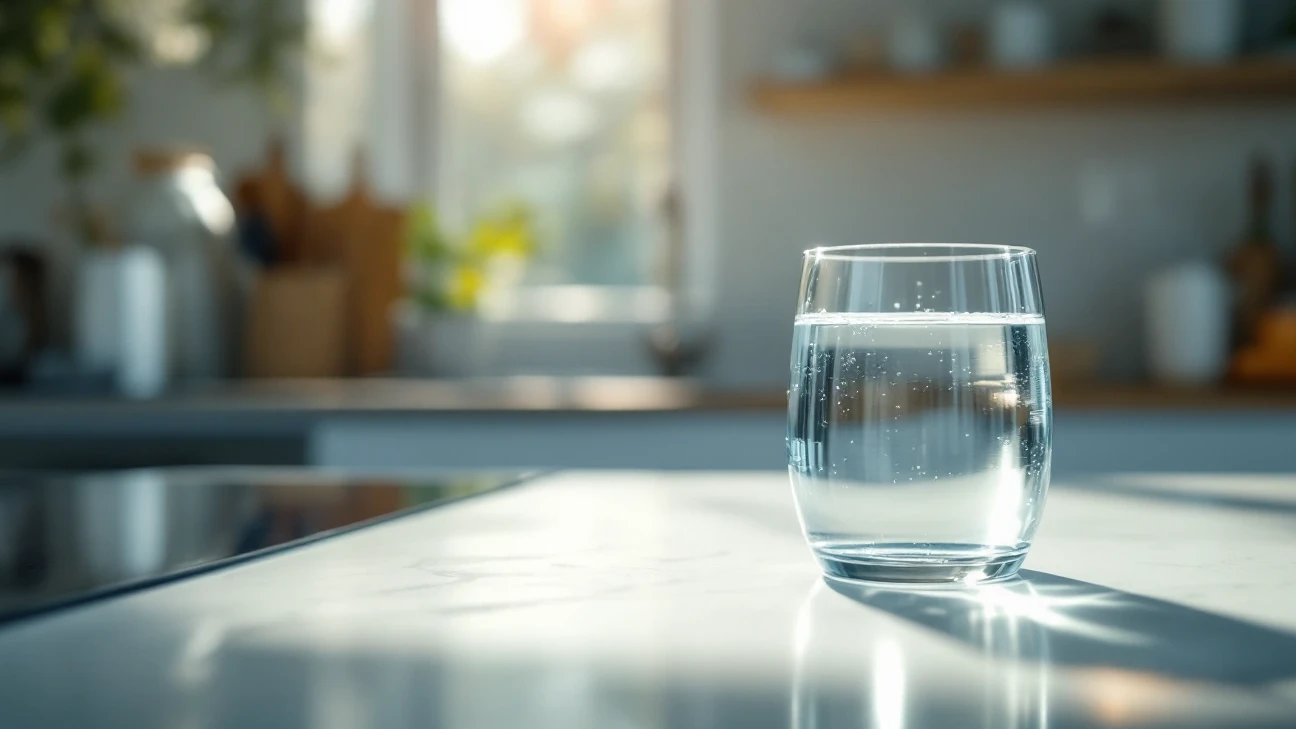 Glass of clear water on a sunlit kitchen countertop