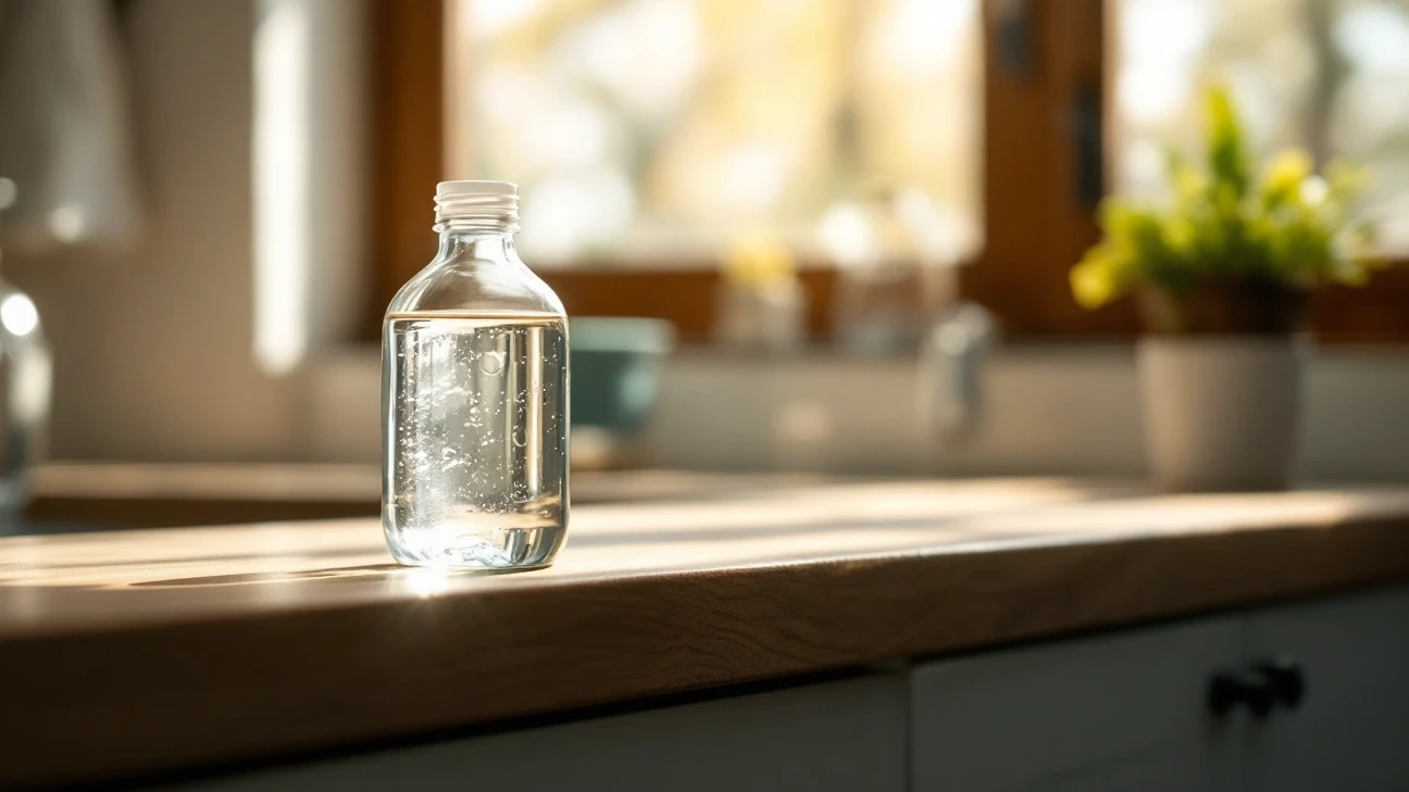 Clear glass bottle on a sunlit counter
