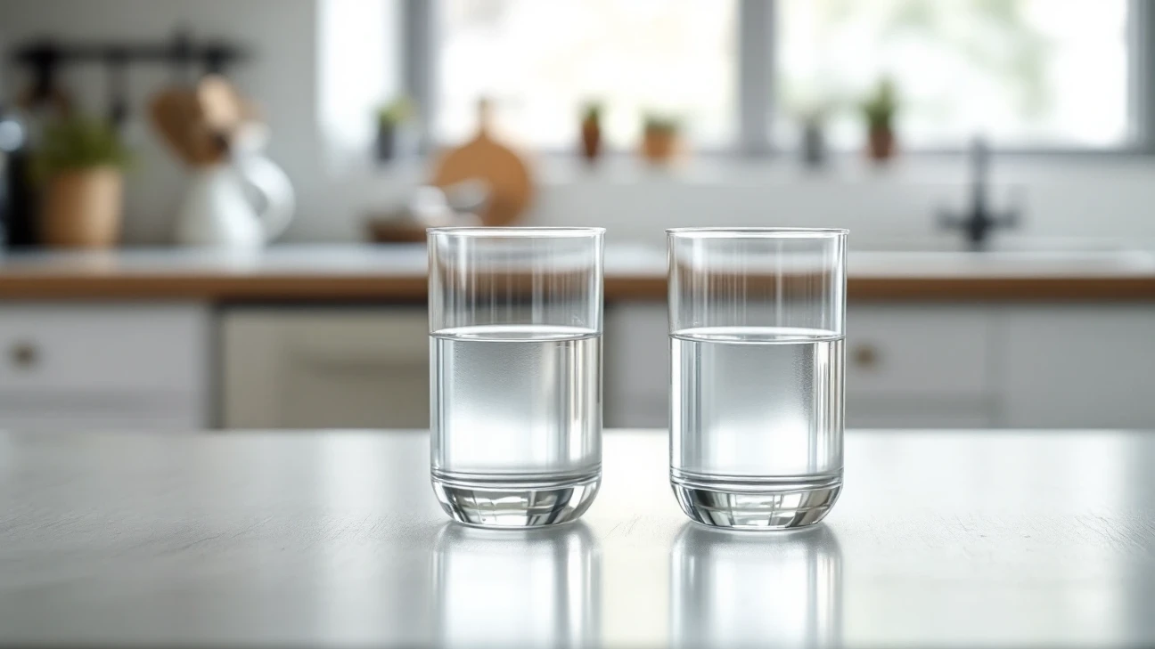 Two clear glasses of water on a kitchen counter