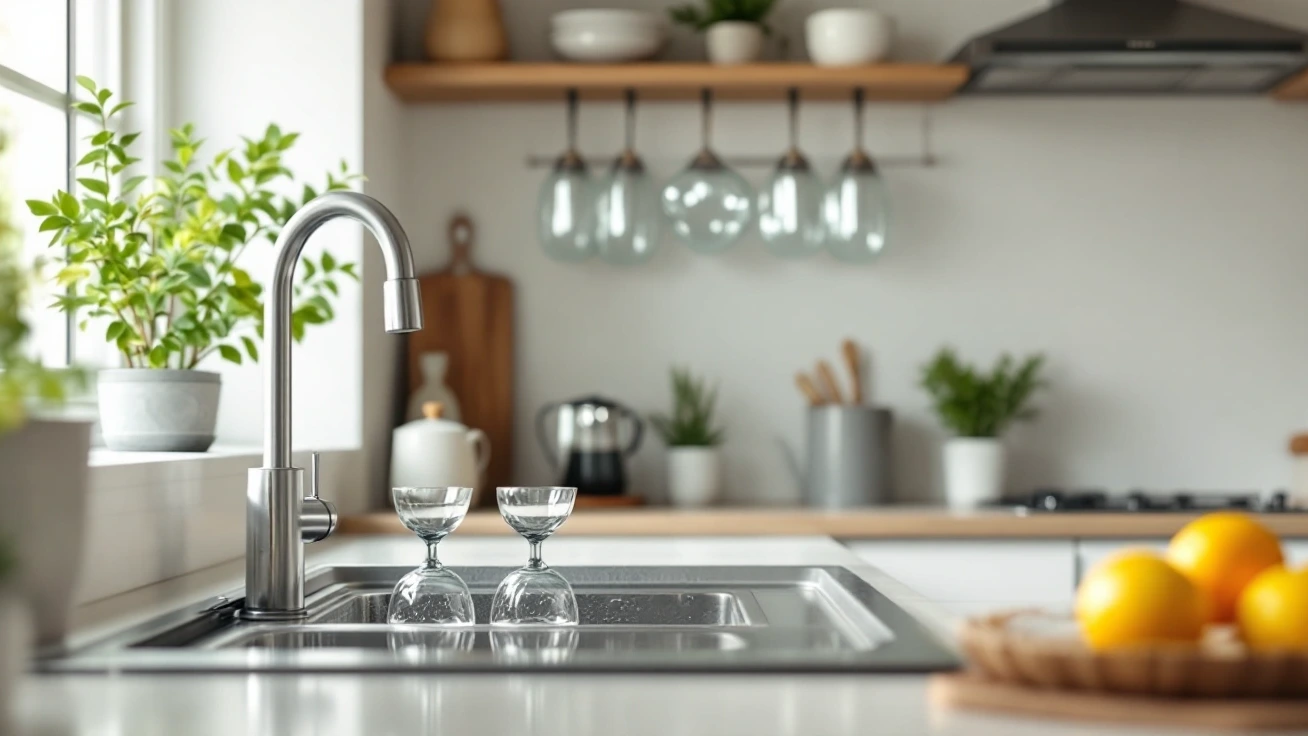 Bright family kitchen with clean drinking glasses beside a sink