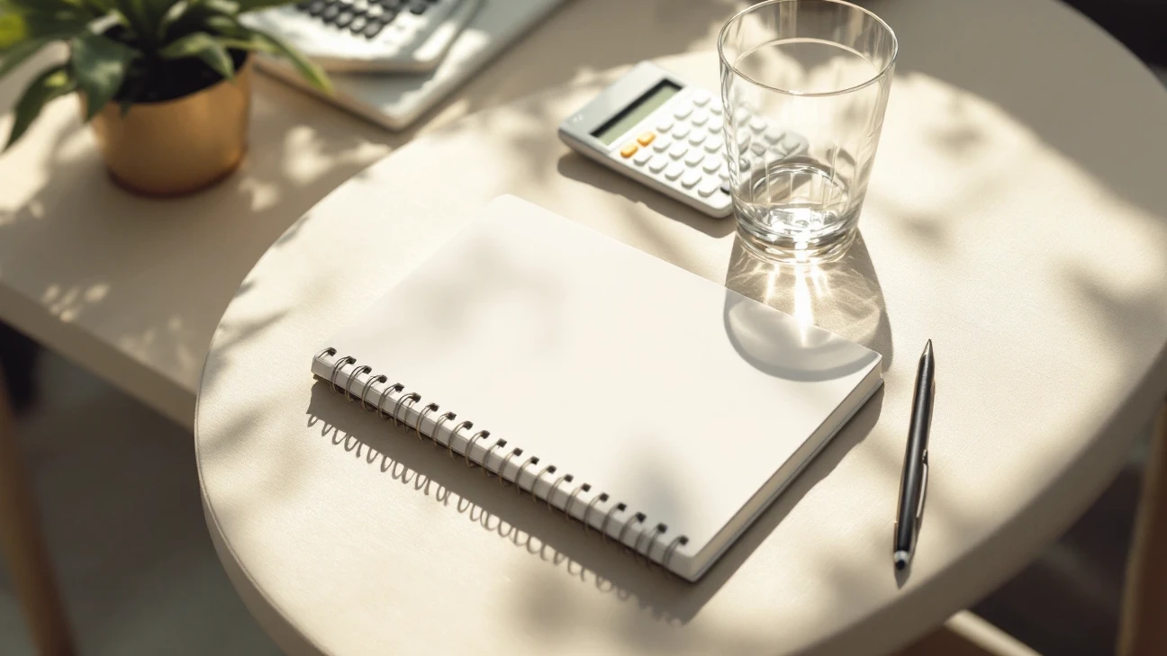 Closed blank notebook and an empty drinking glass on a table