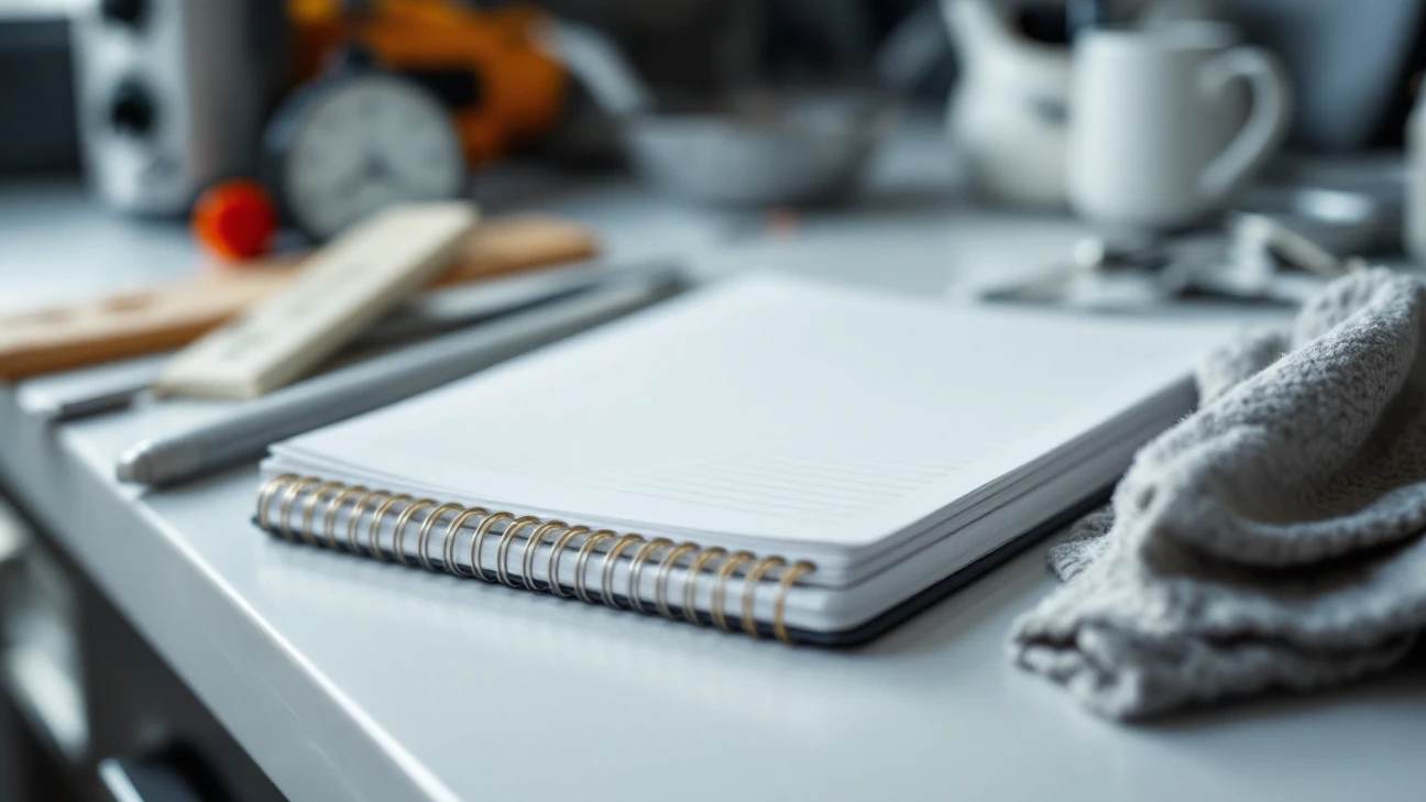 Blank notebook and folded cloth on a kitchen counter