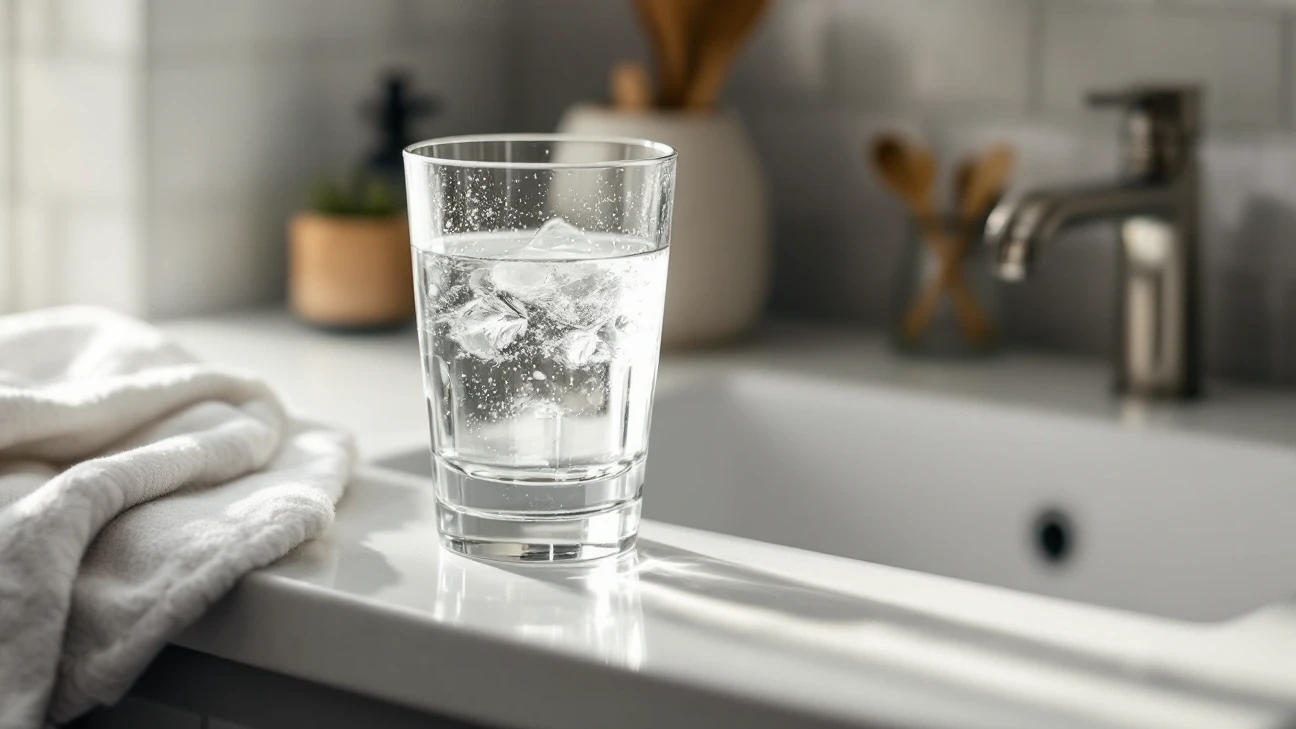 Glass of water beside a pale sink and folded cloth