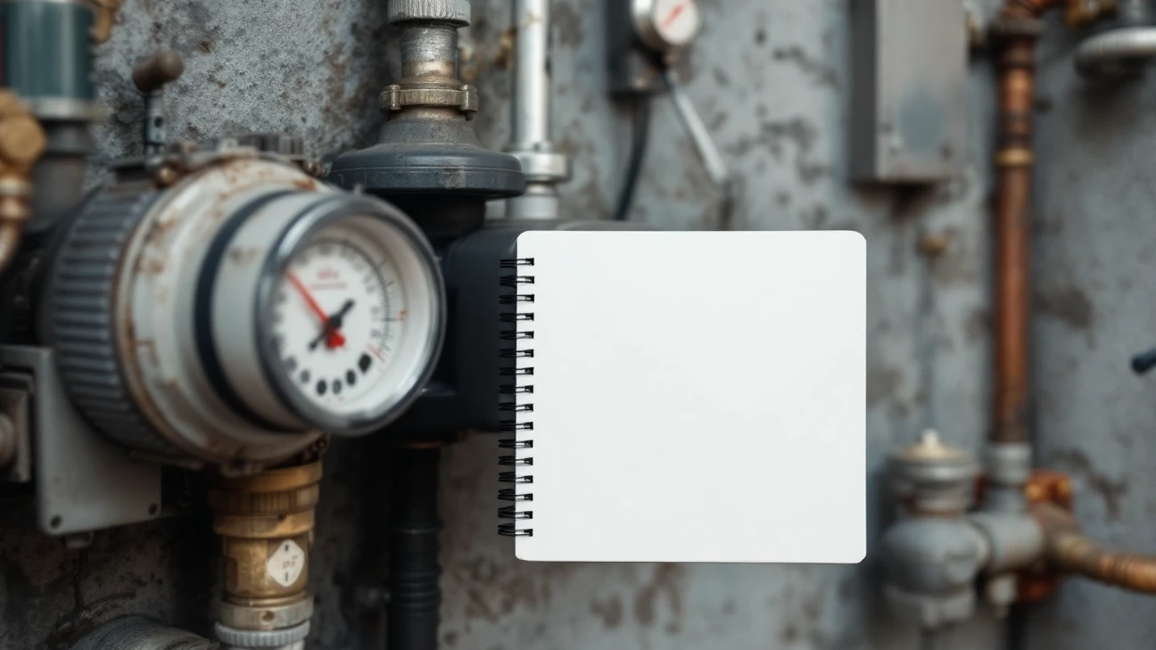 Blank notebook beside household utility pipes