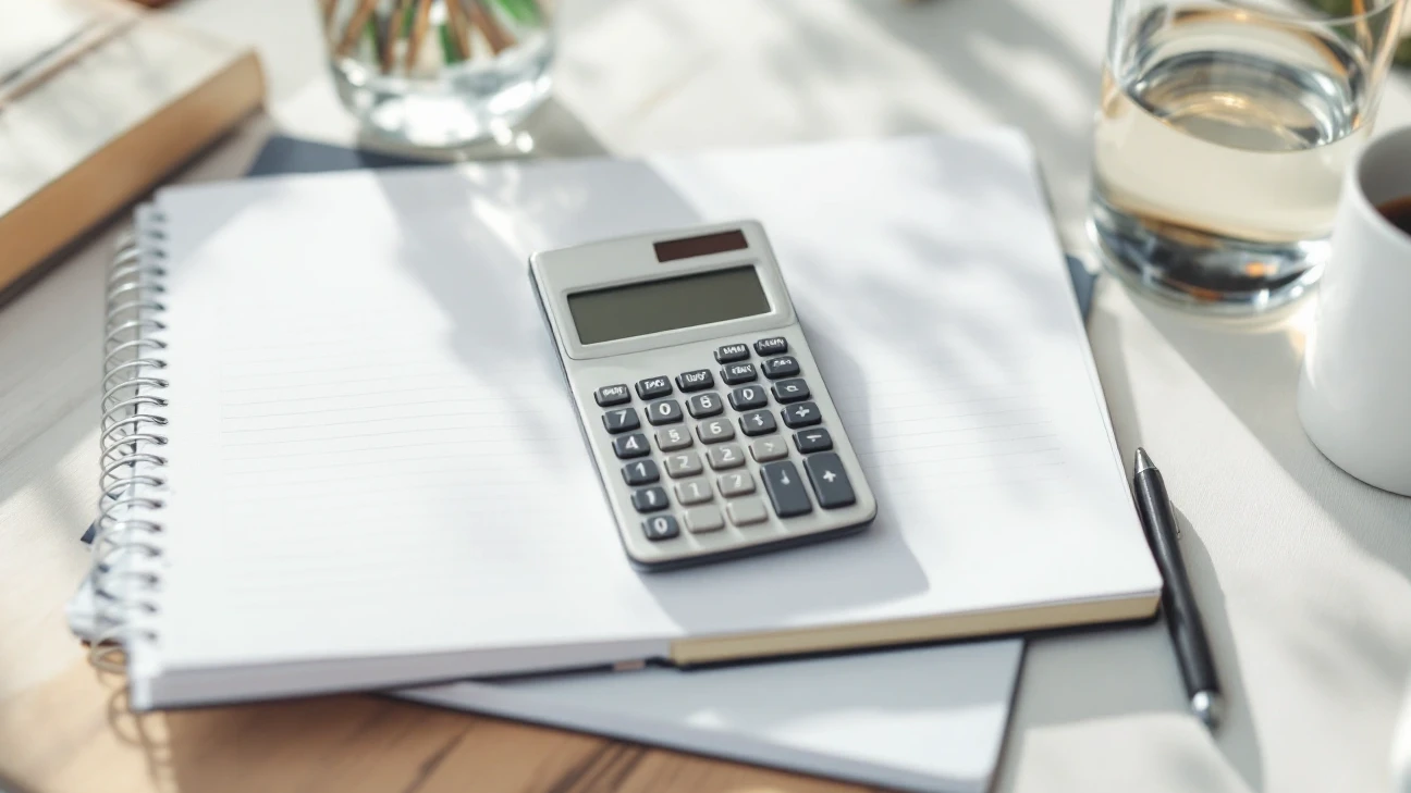 Calculator and blank notebook beside a drinking glass